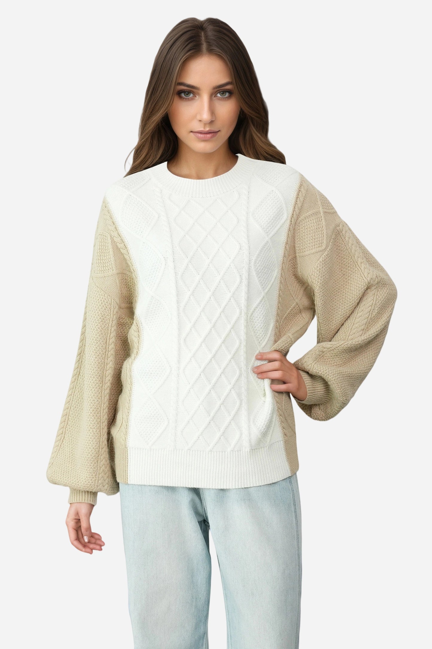 Cable Knit Long Lantern Sleeve Crewneck Sweaters
