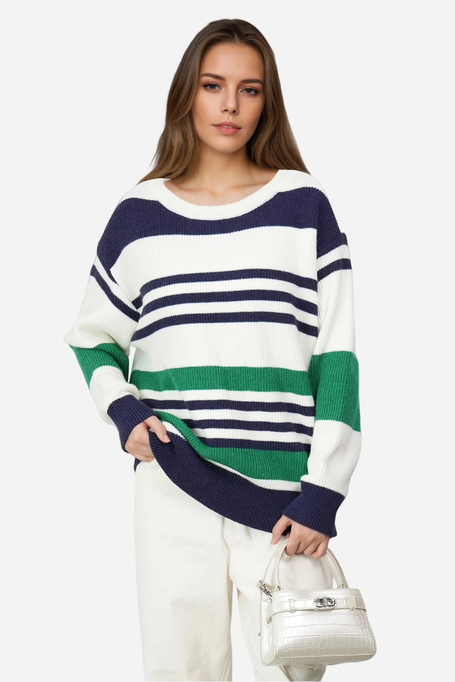 Striped Knit Sweater Pullover Oversized Off Shoulder