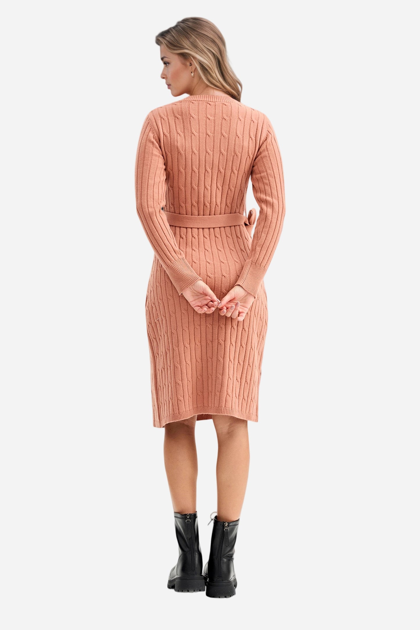 Bodycon Dress Tie Waist Slim Fit Knit Midi Slit Dress