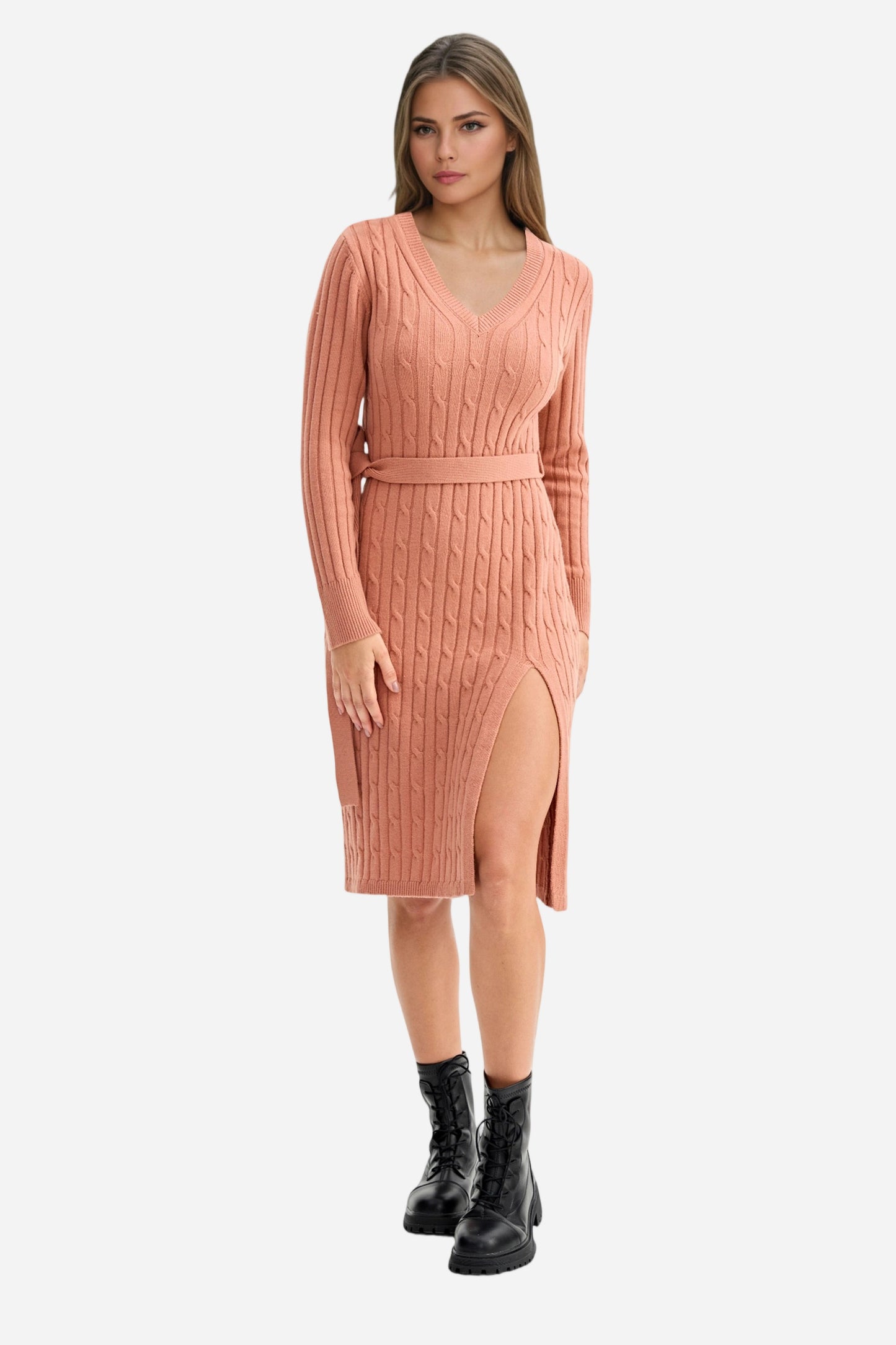 Bodycon Dress Tie Waist Slim Fit Knit Midi Slit Dress