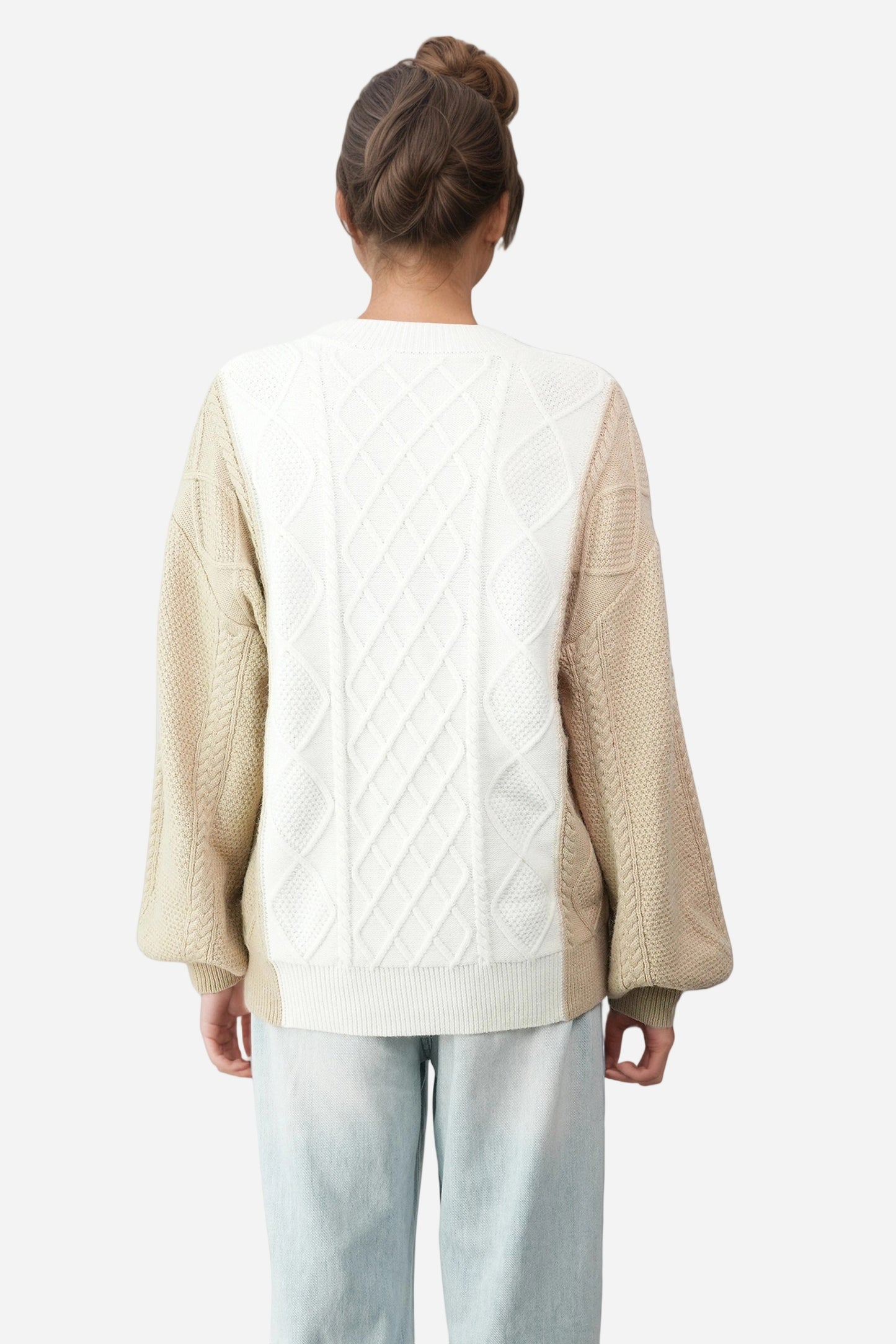 Cable Knit Long Lantern Sleeve Crewneck Sweaters