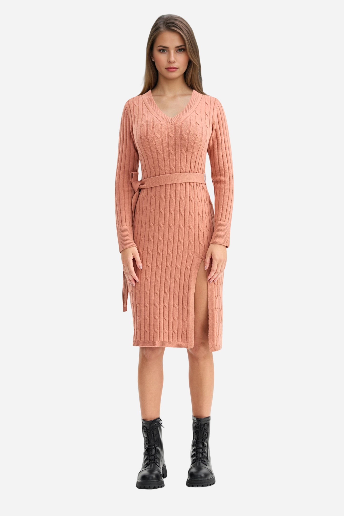 Bodycon Dress Tie Waist Slim Fit Knit Midi Slit Dress