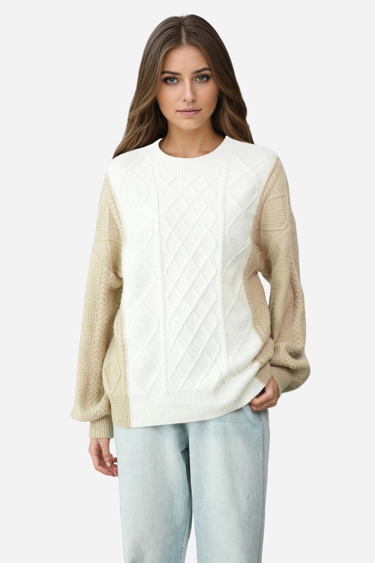 Cable Knit Long Lantern Sleeve Crewneck Sweaters