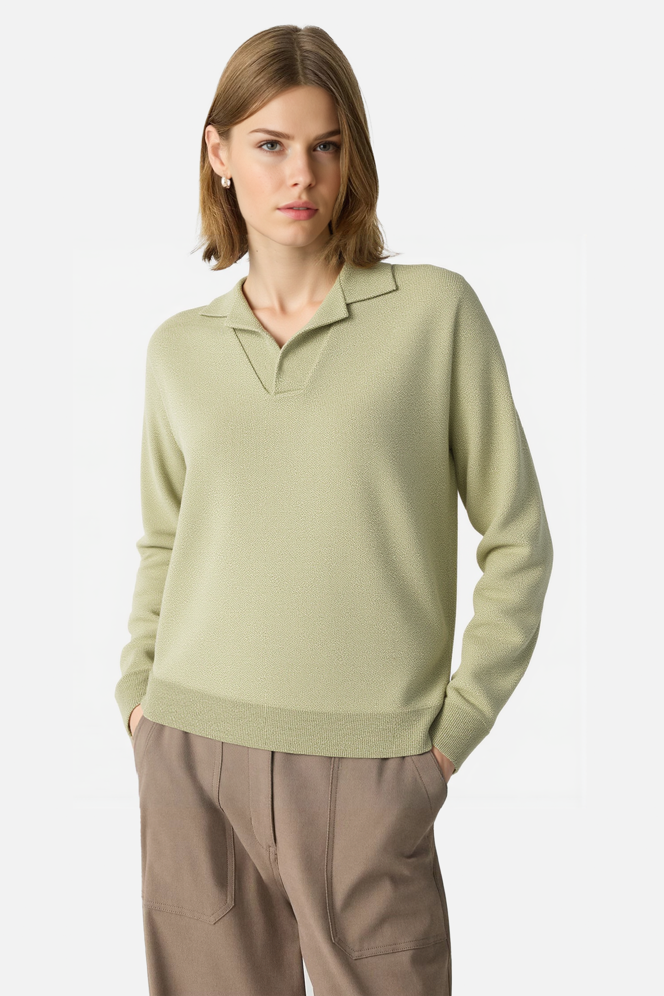 Polo Collar Long Sleeve Sweater with Stretch Knit