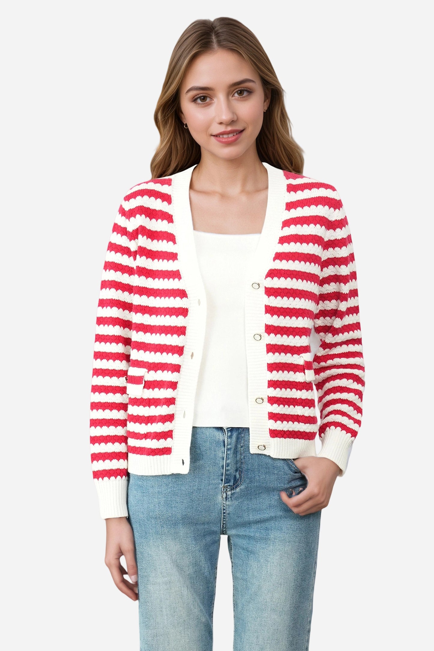 Striped V Neck Button Down Cardigan Sweater
