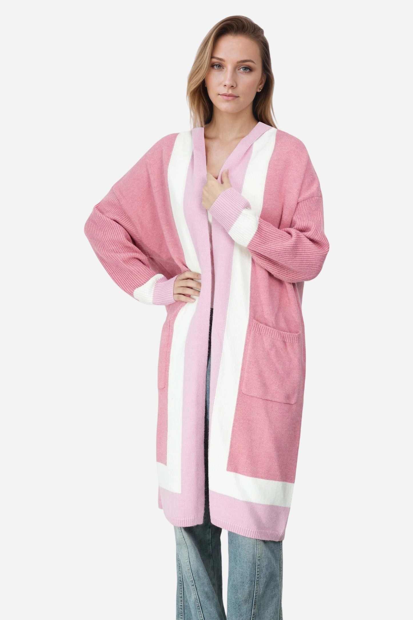 Open Front Color Block Long Cardigan Knit Sweaters