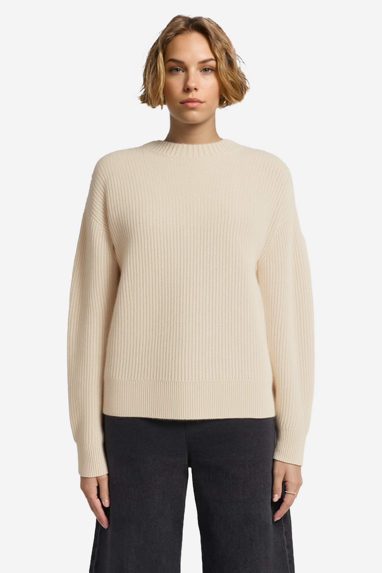 Vertical Ribbed Knit Pullover Crewneck Sweater