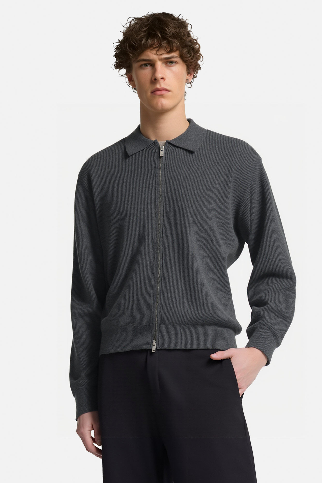 Zip Up Sweater Polo V Neck Ribbed Knit Sweater Pullover
