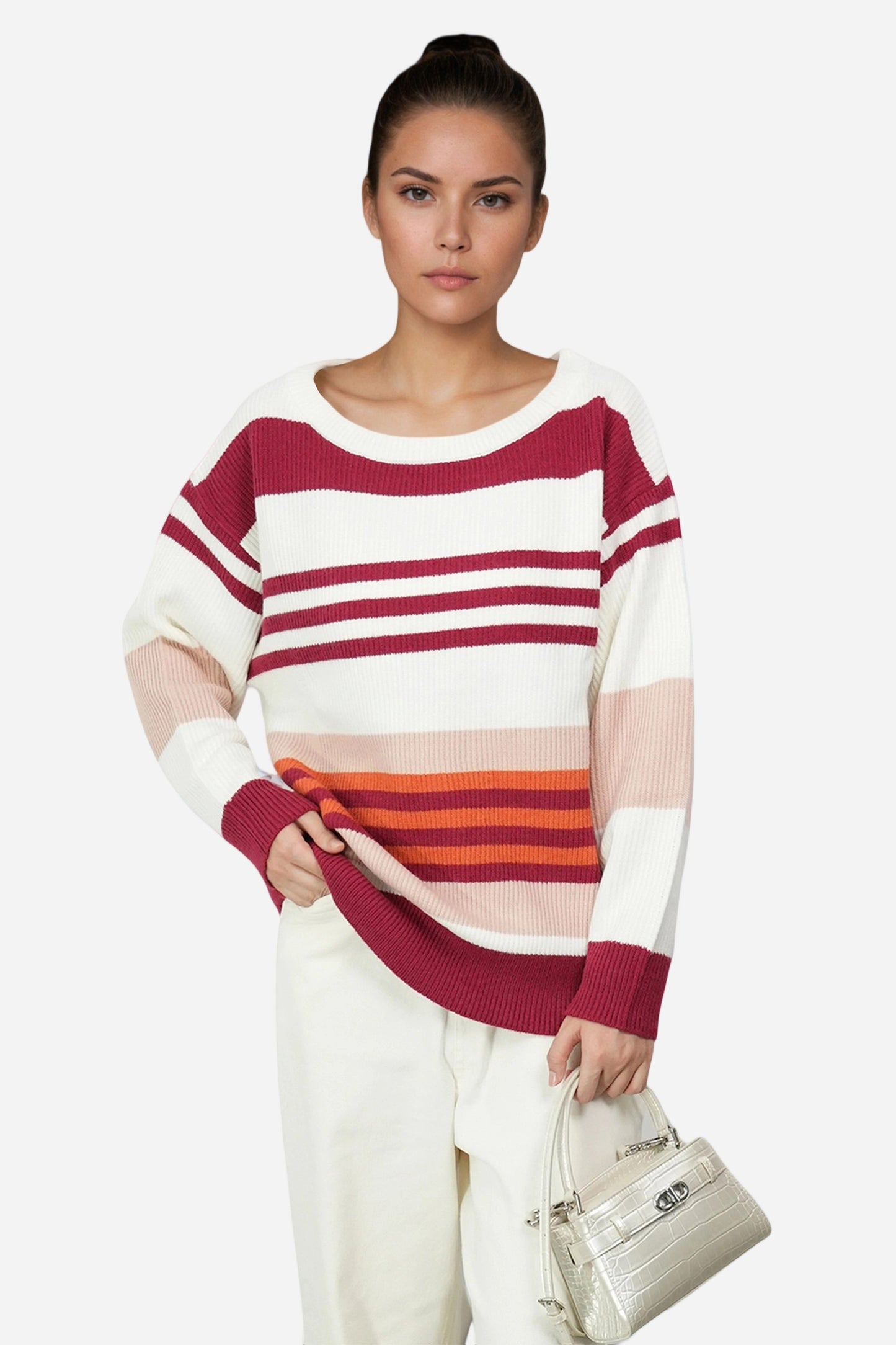 Striped Knit Sweater Pullover Oversized Off Shoulder