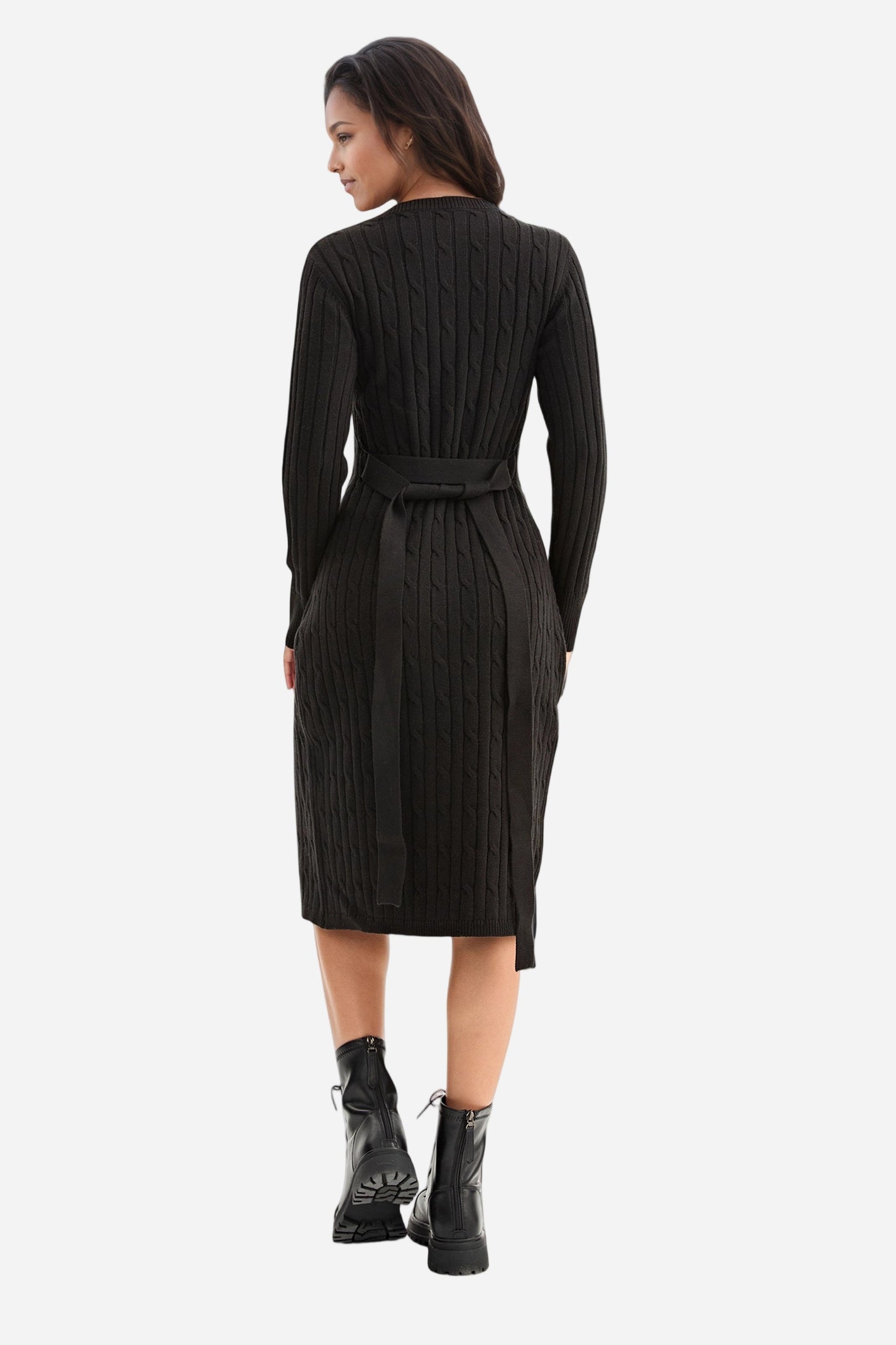 Bodycon Dress Tie Waist Slim Fit Knit Midi Slit Dress