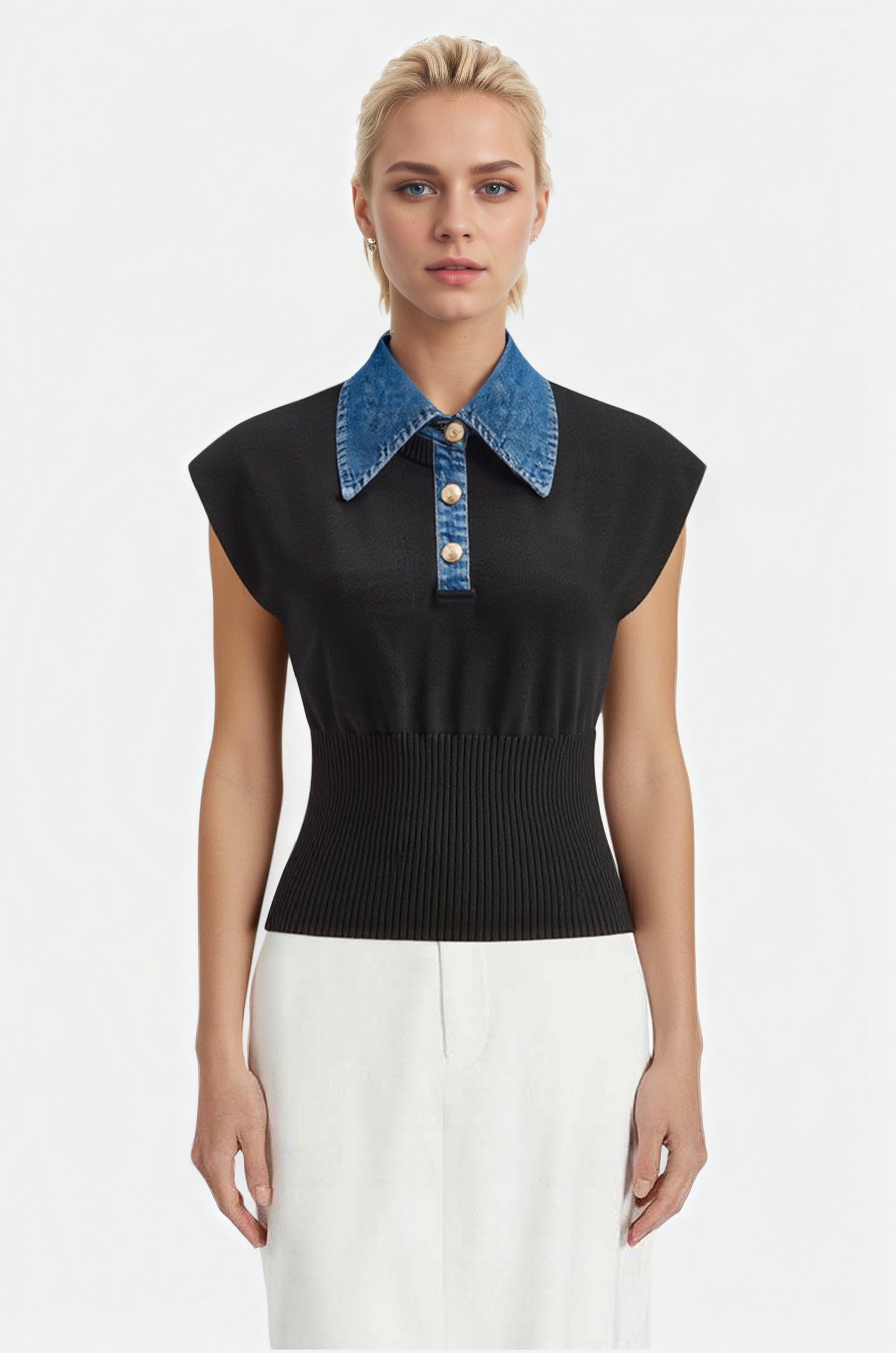 Sleeveless Denim Collar Knit Polo