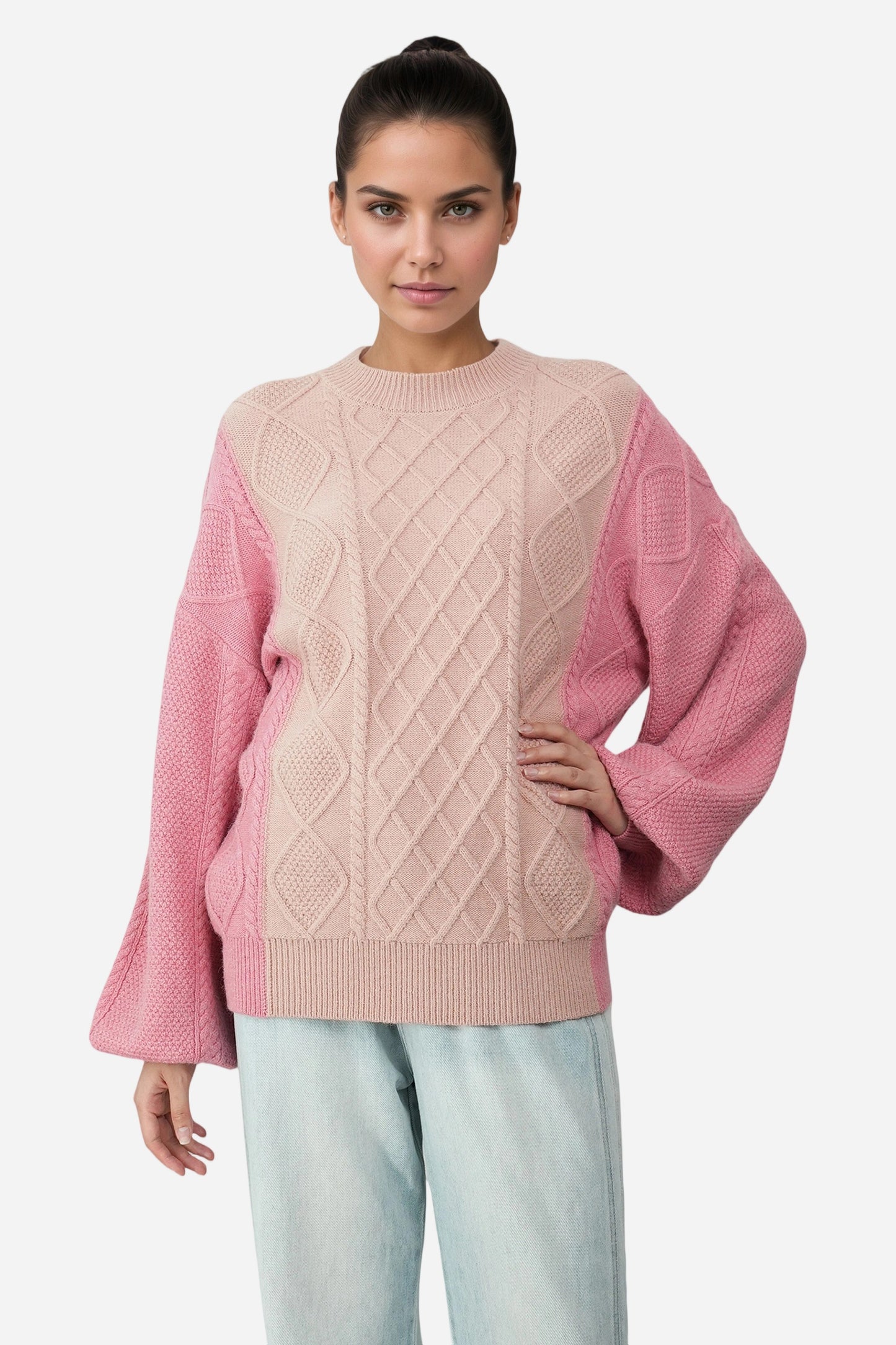Cable Knit Long Lantern Sleeve Crewneck Sweaters