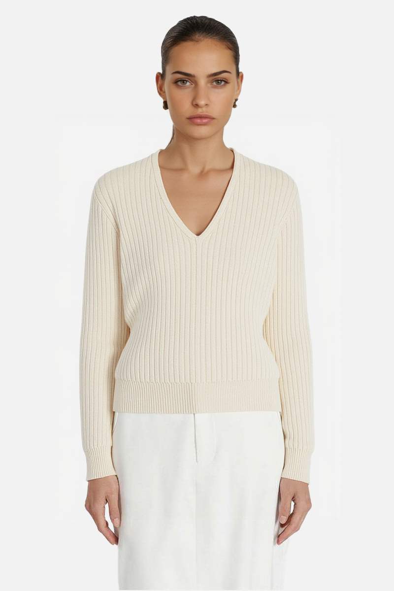 Ribbed V-Neck Pullover with Relaxed Silhouette 