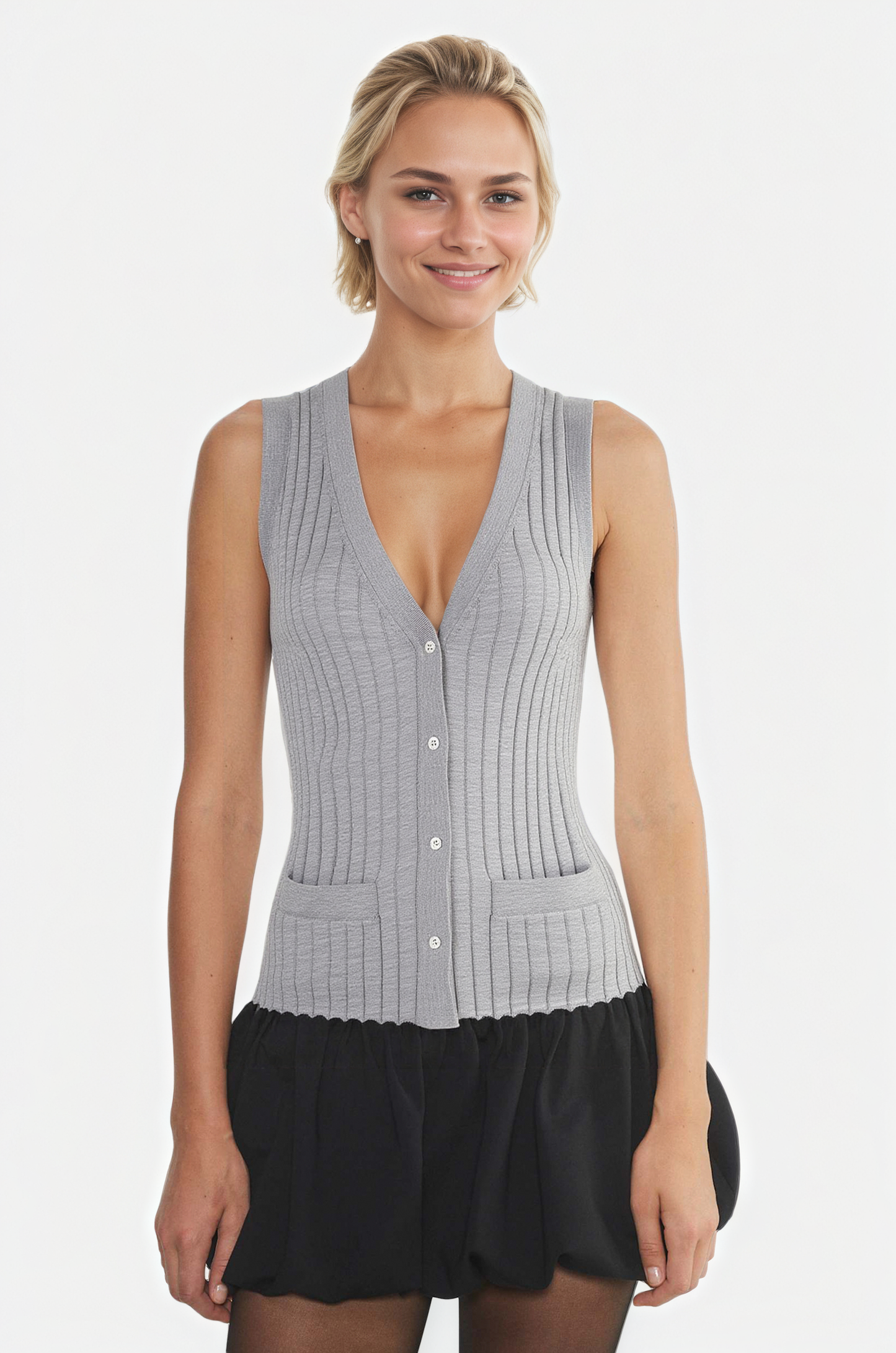 Ribbed V-Neck Sleeveless Cardigan Vest