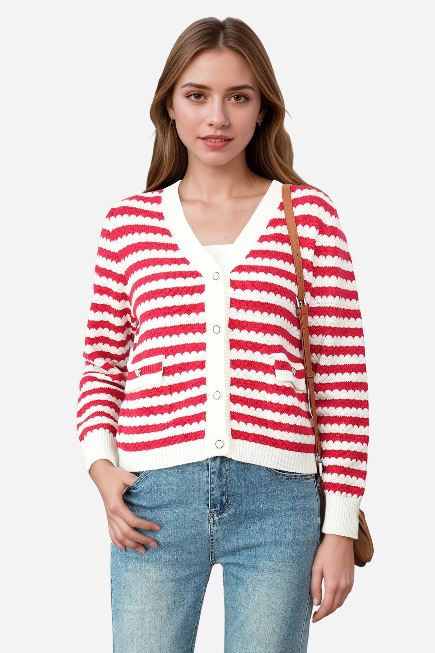 Striped V Neck Button Down Cardigan Sweater