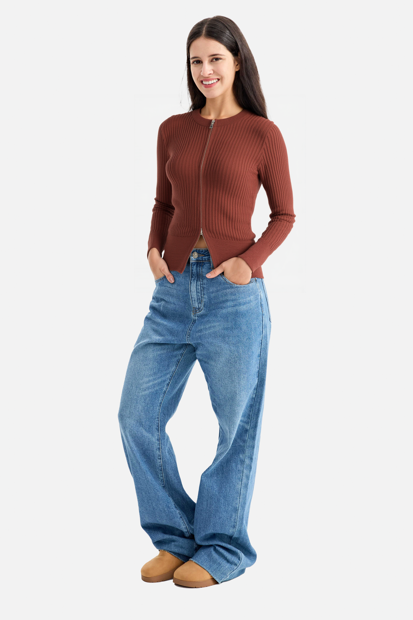 Elegant Ribbed Two-Way Zip Cardigan Sweater
