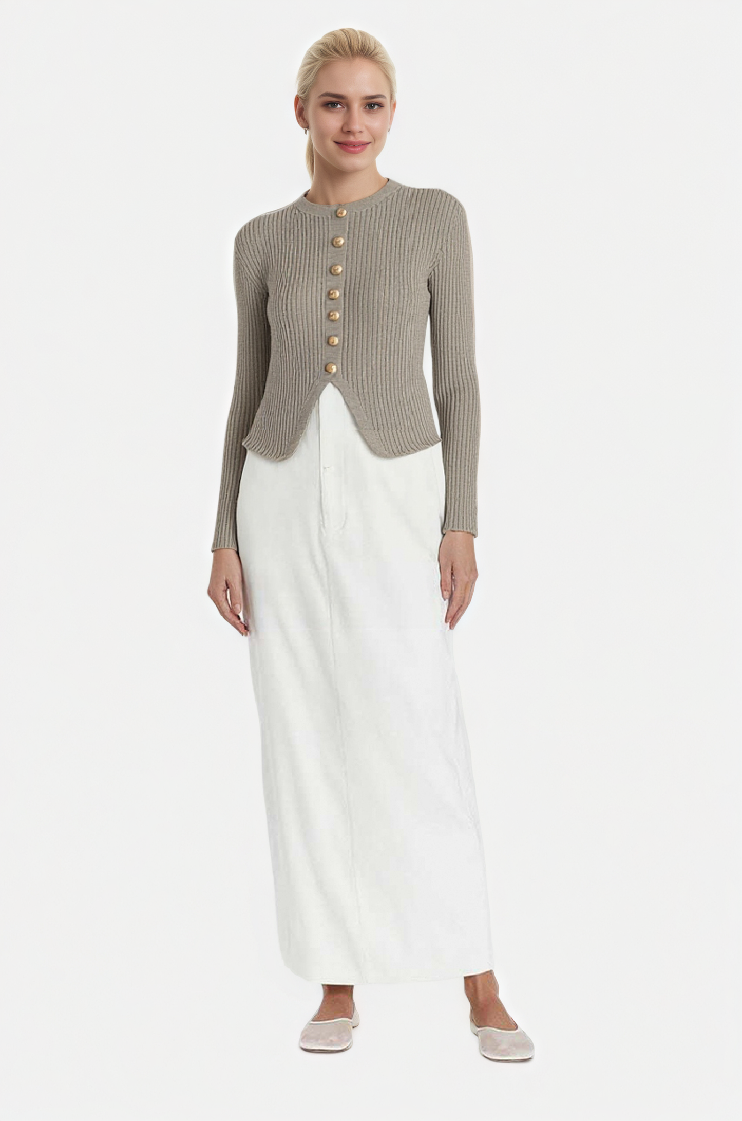 Ribbed Button-Front Cardigan with Scalloped Hem