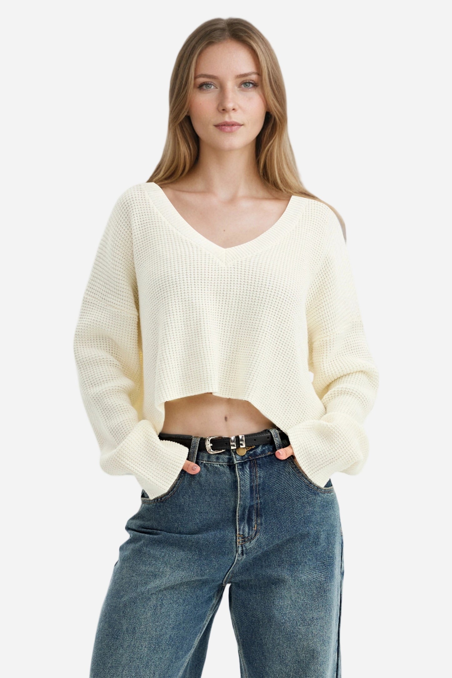 V-Neck Chunky Knit Oversized Pullover Sweater
