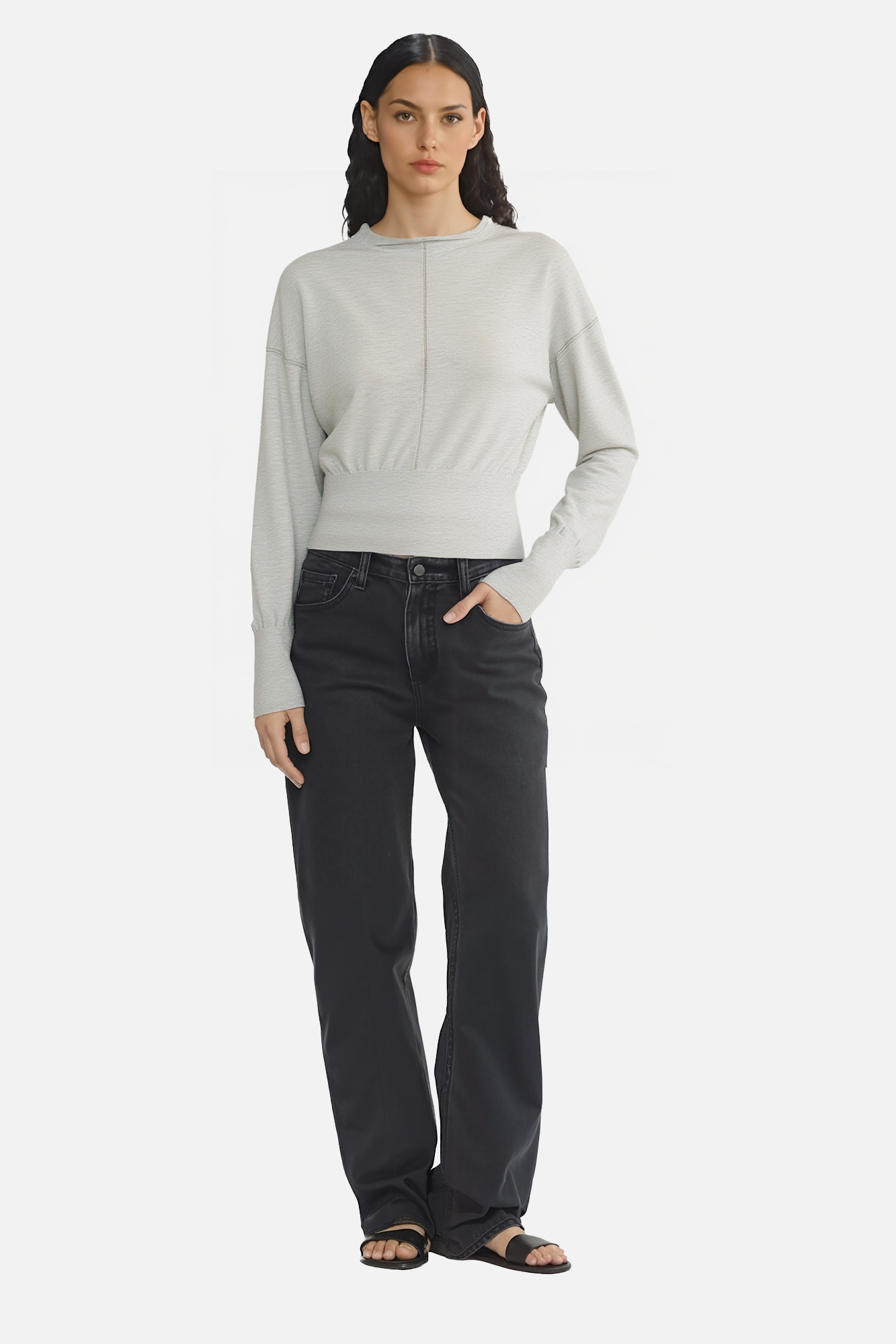 Center-Seam Fitted Knit Top with Ribbed Hem