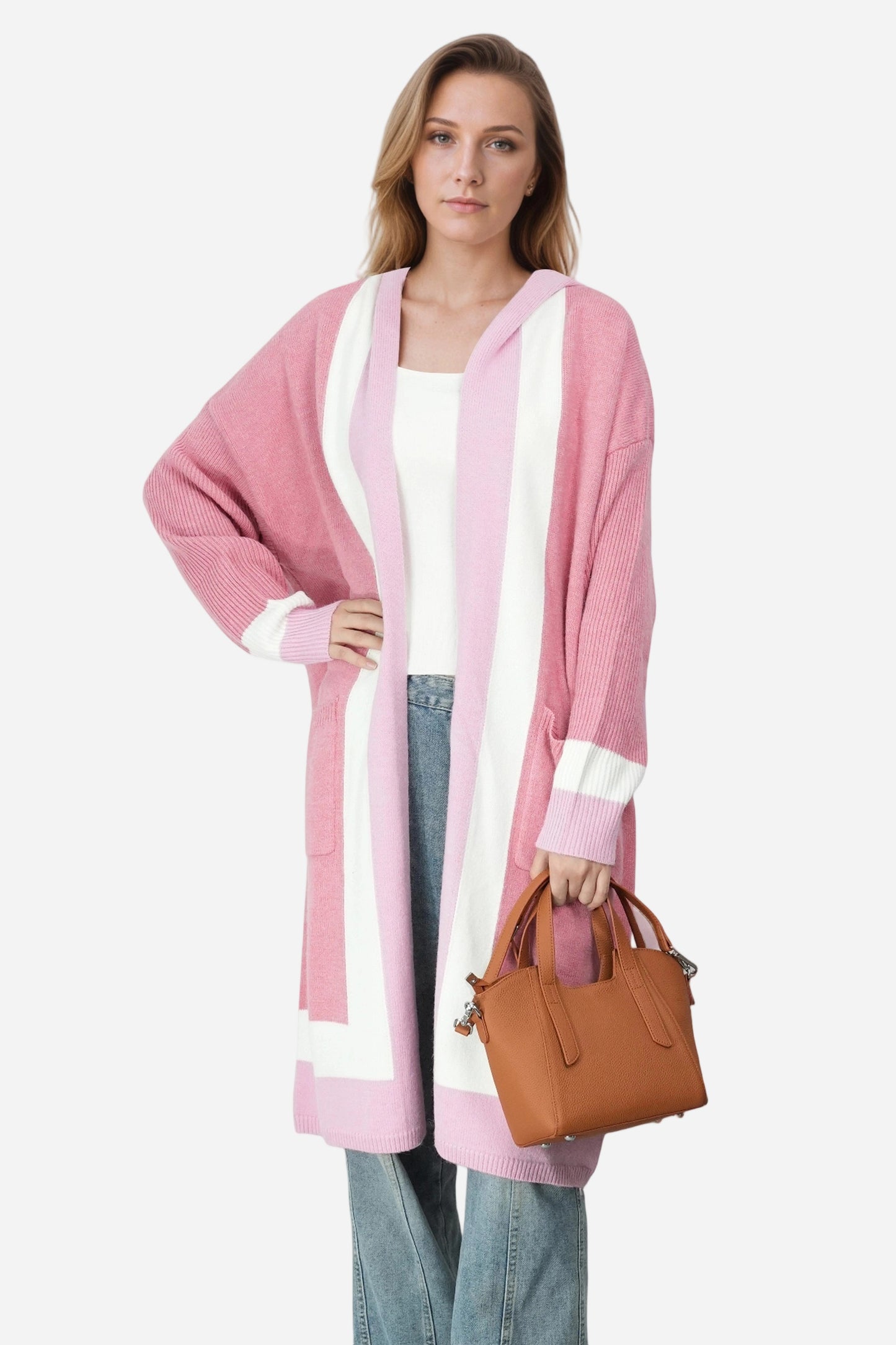 Open Front Color Block Long Cardigan Knit Sweaters