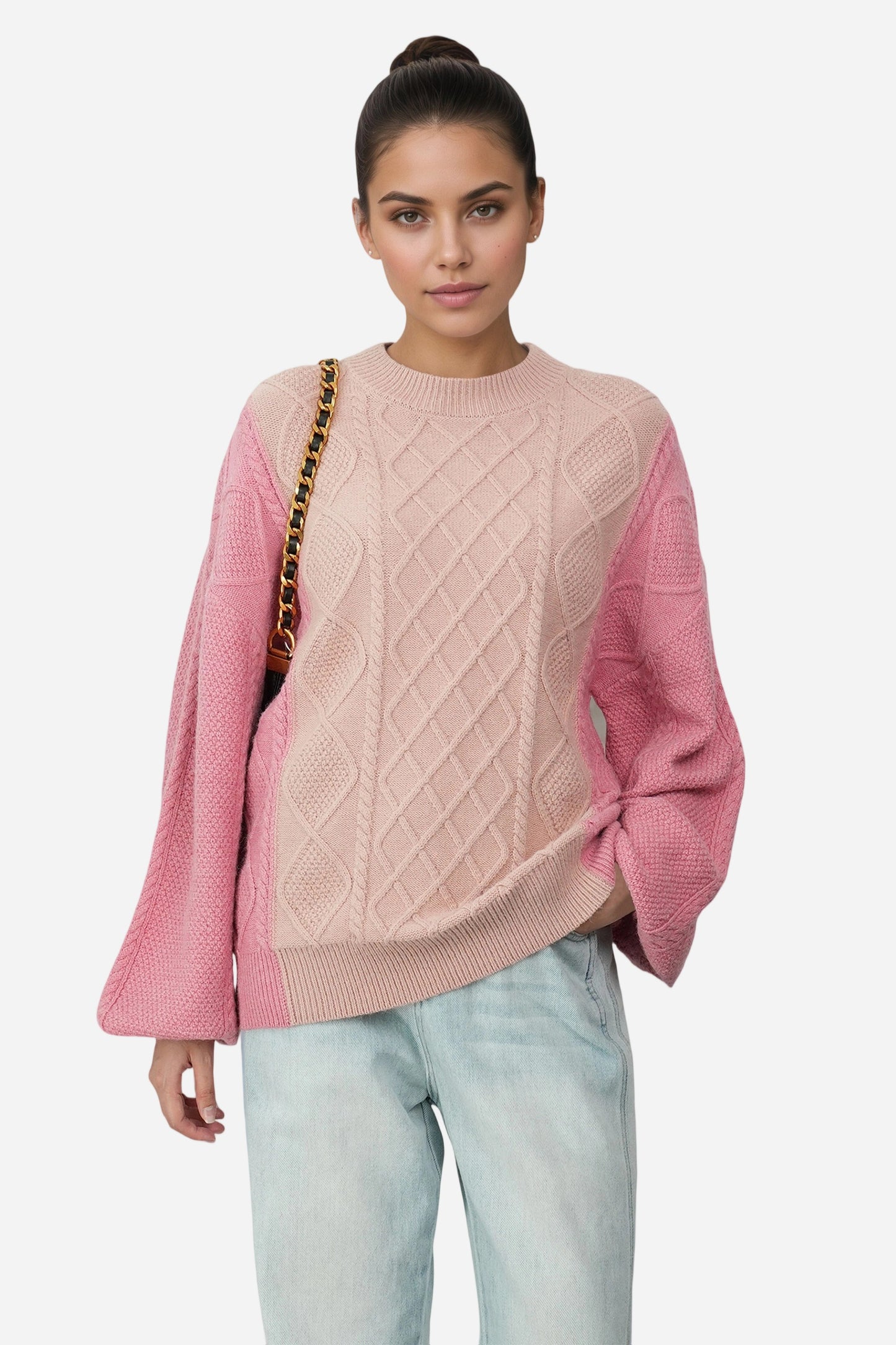 Cable Knit Long Lantern Sleeve Crewneck Sweaters
