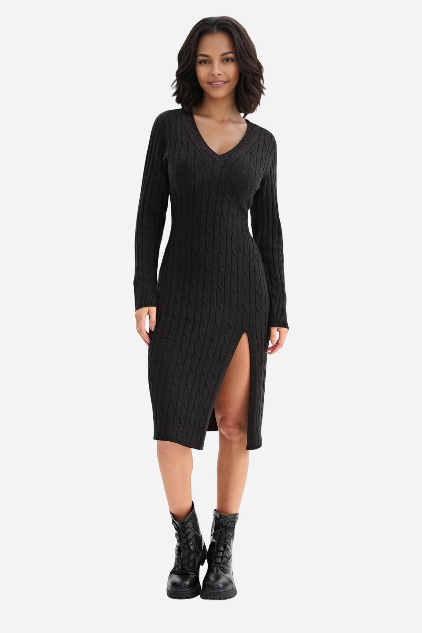 Bodycon Dress Tie Waist Slim Fit Knit Midi Slit Dress