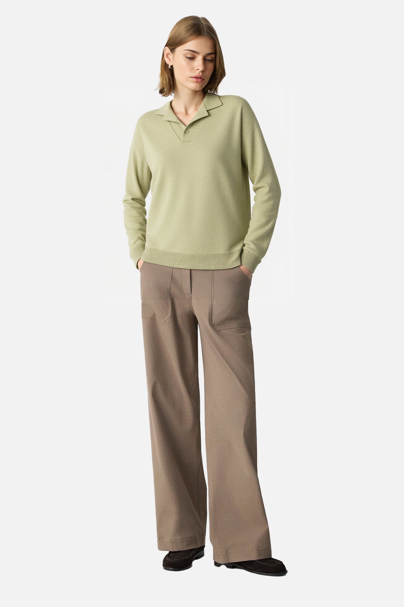 Polo Collar Long Sleeve Sweater with Stretch Knit