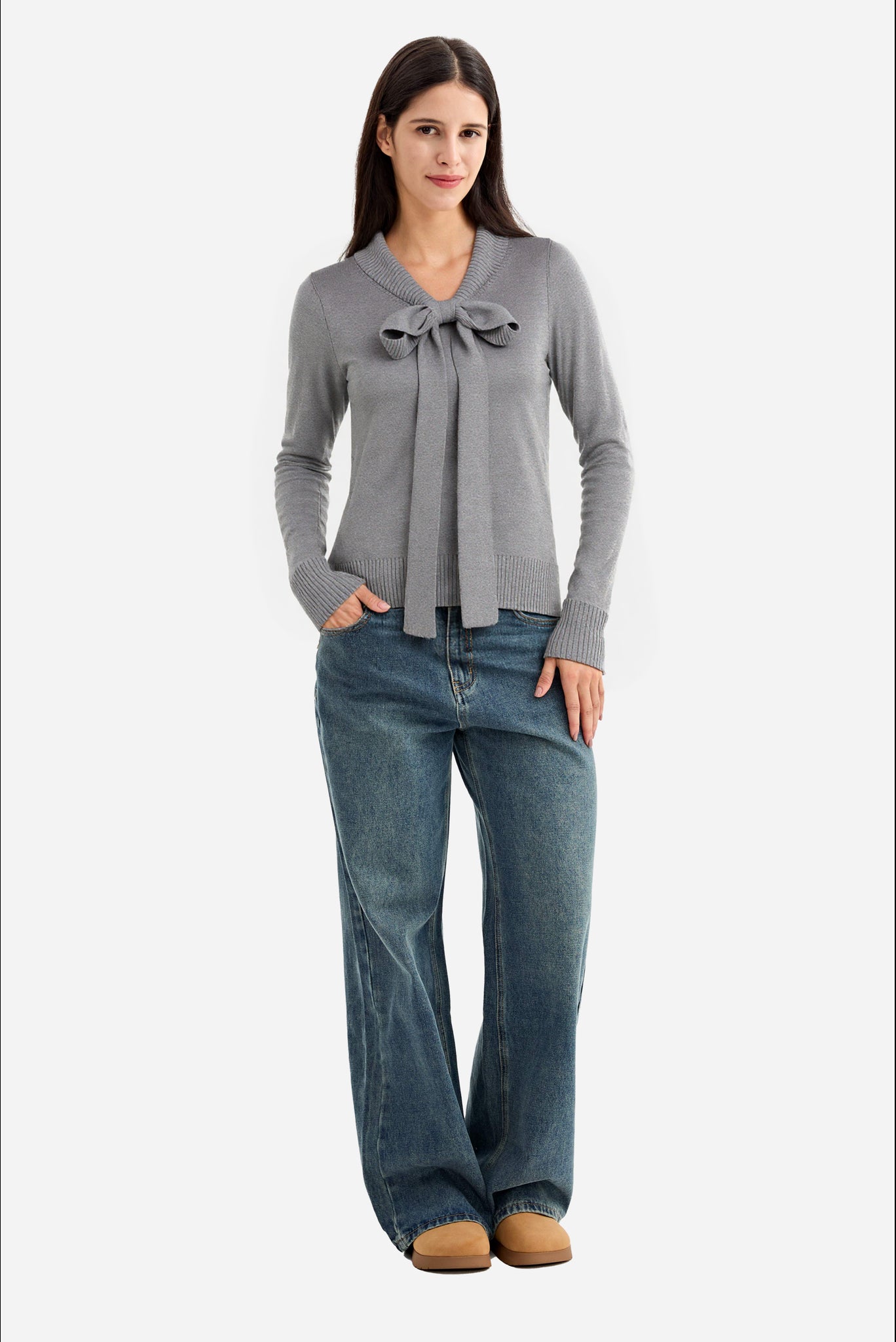 Sophisticated Bow-Detail V-Neck Pullover Knitwear