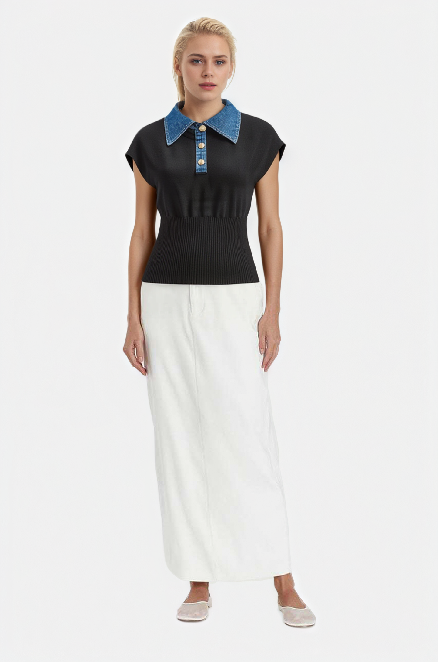 Sleeveless Denim Collar Knit Polo