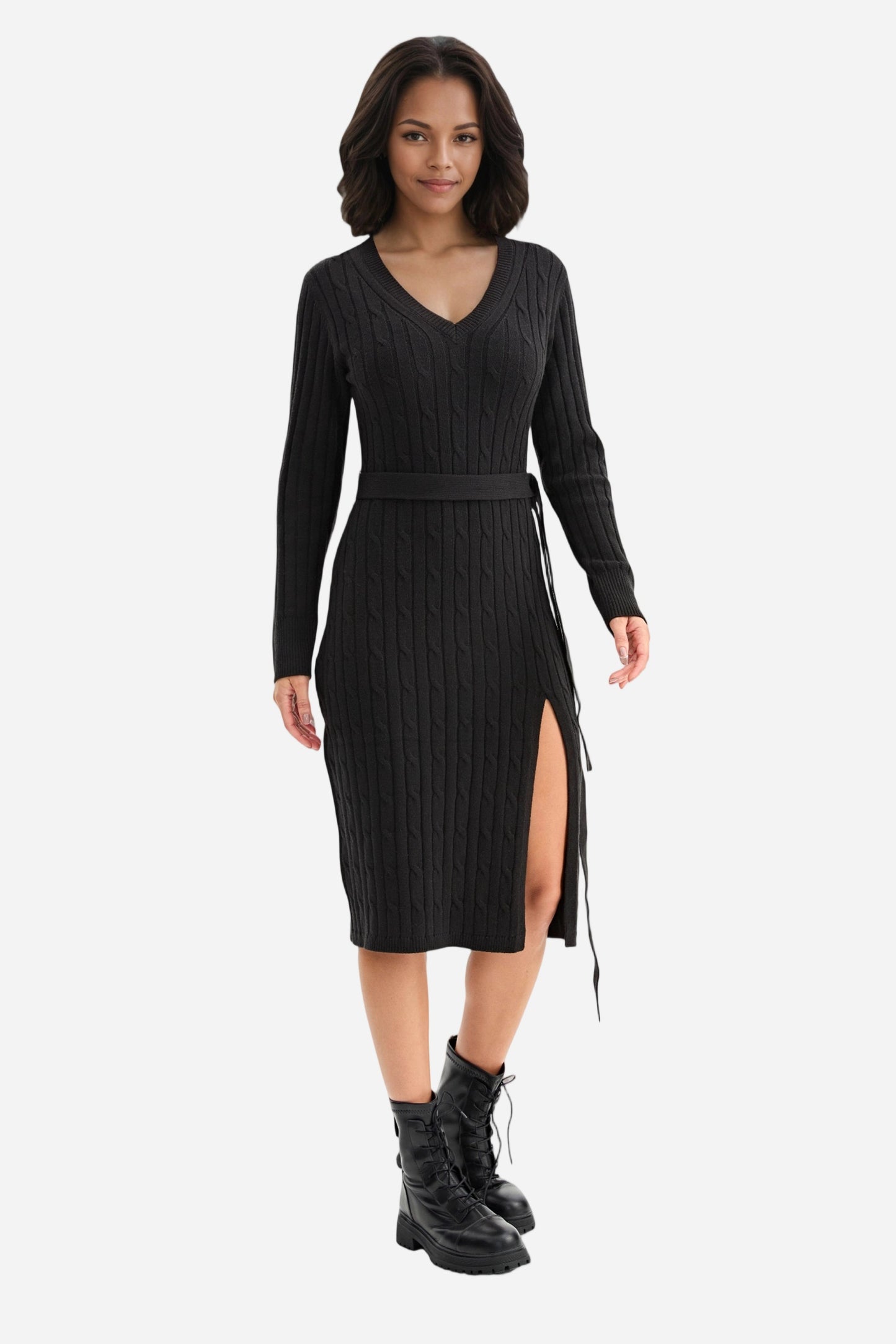 Bodycon Dress Tie Waist Slim Fit Knit Midi Slit Dress