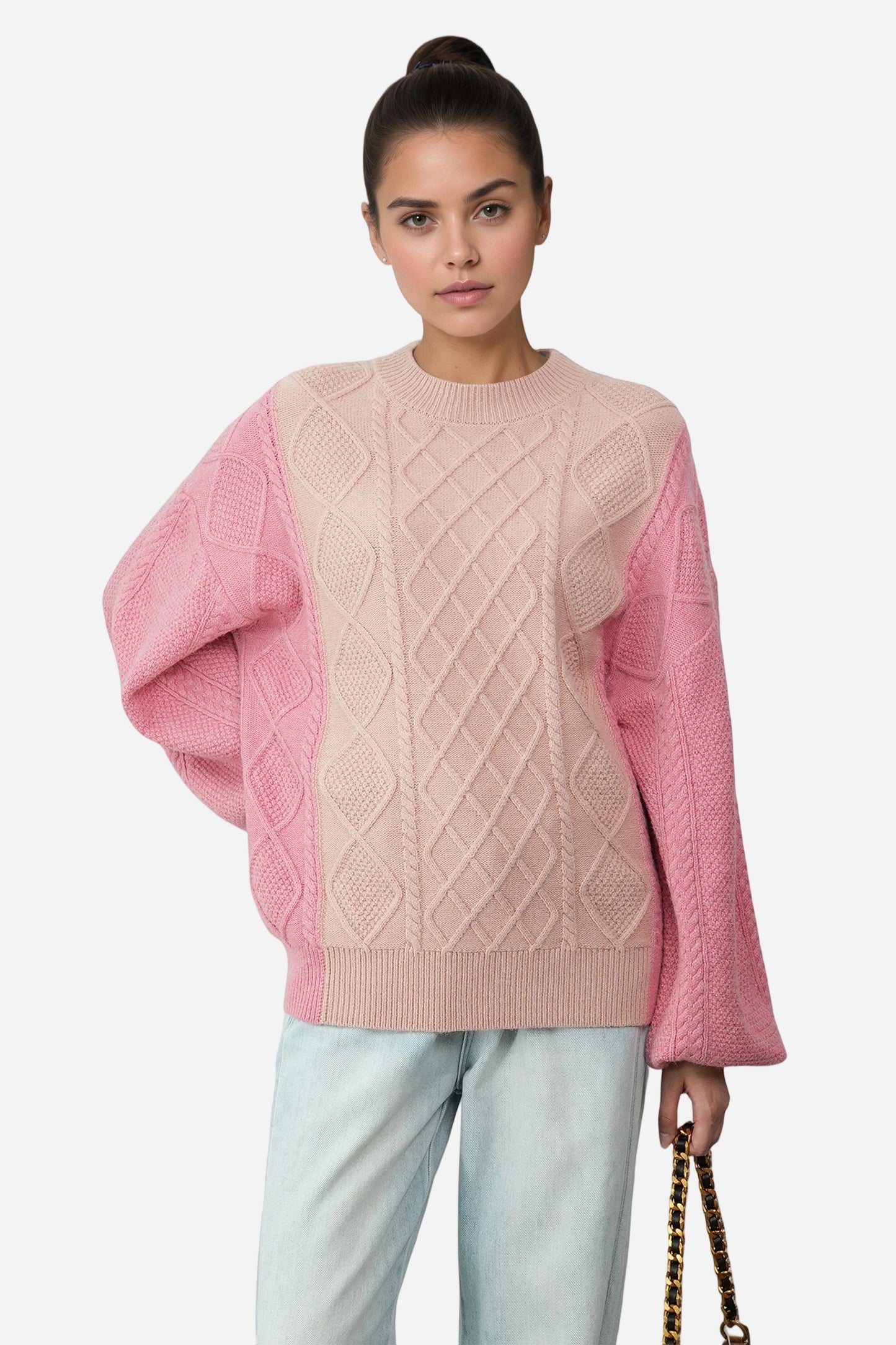 Cable Knit Long Lantern Sleeve Crewneck Sweaters