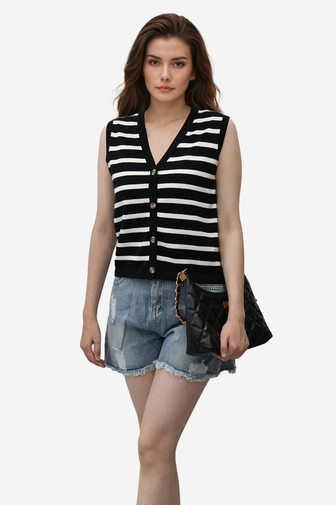 Sleeveless V-Neck Striped Knit Vest with Button Closure
