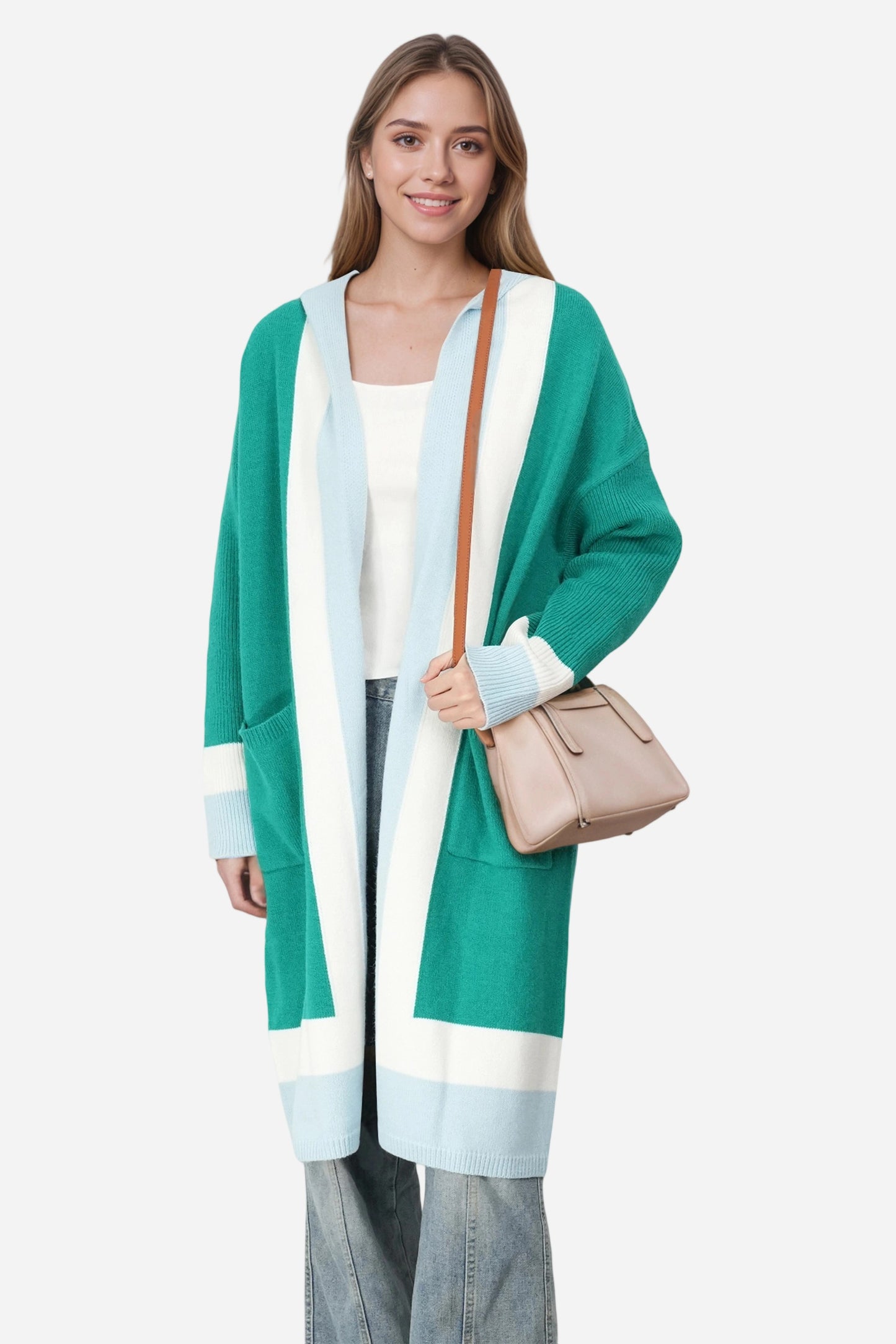 Open Front Color Block Long Cardigan Knit Sweaters