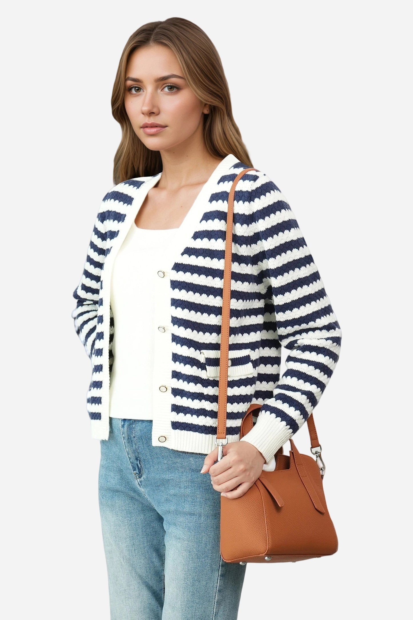 Striped V Neck Button Down Cardigan Sweater