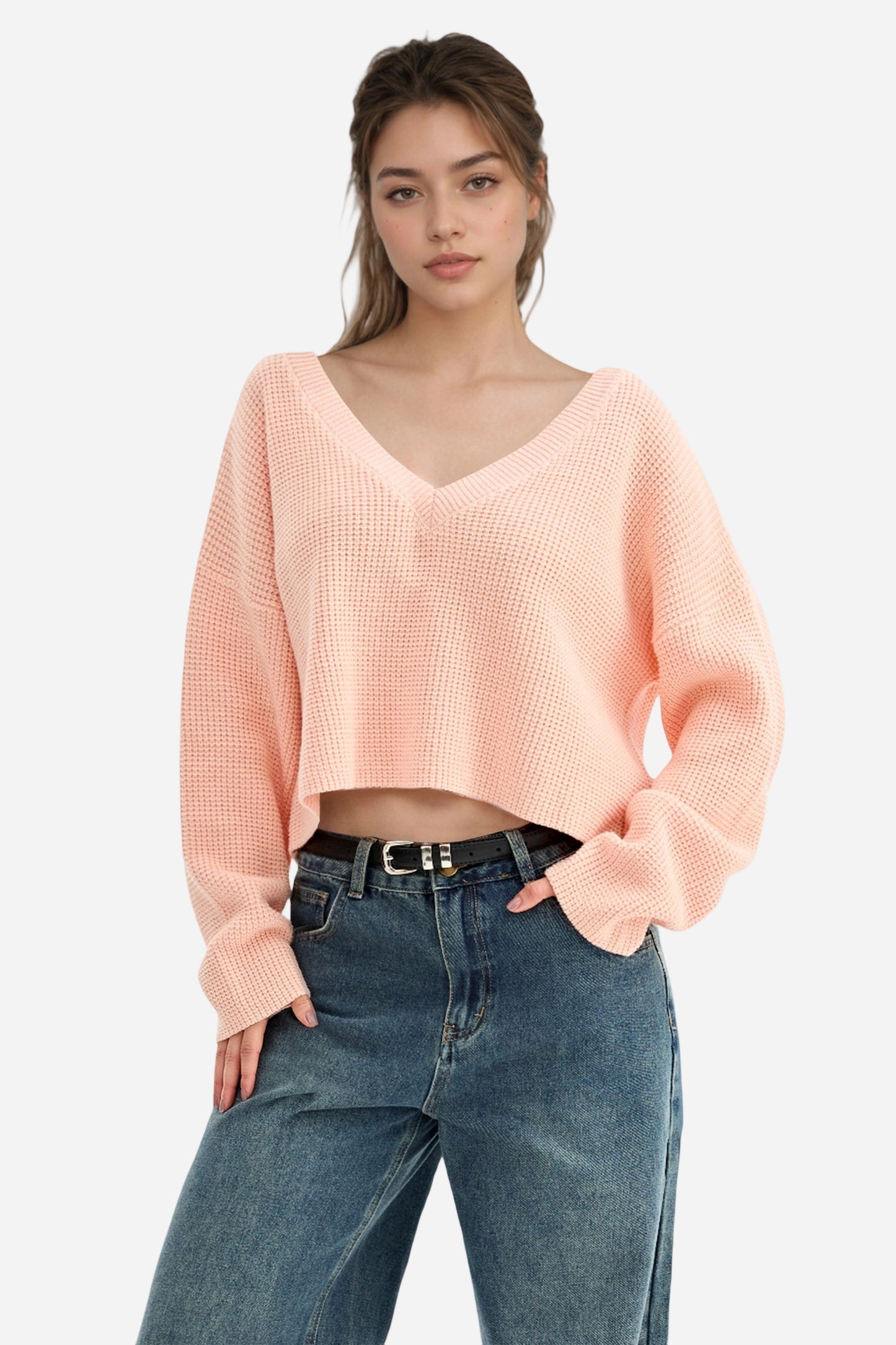 V-Neck Chunky Knit Oversized Pullover Sweater