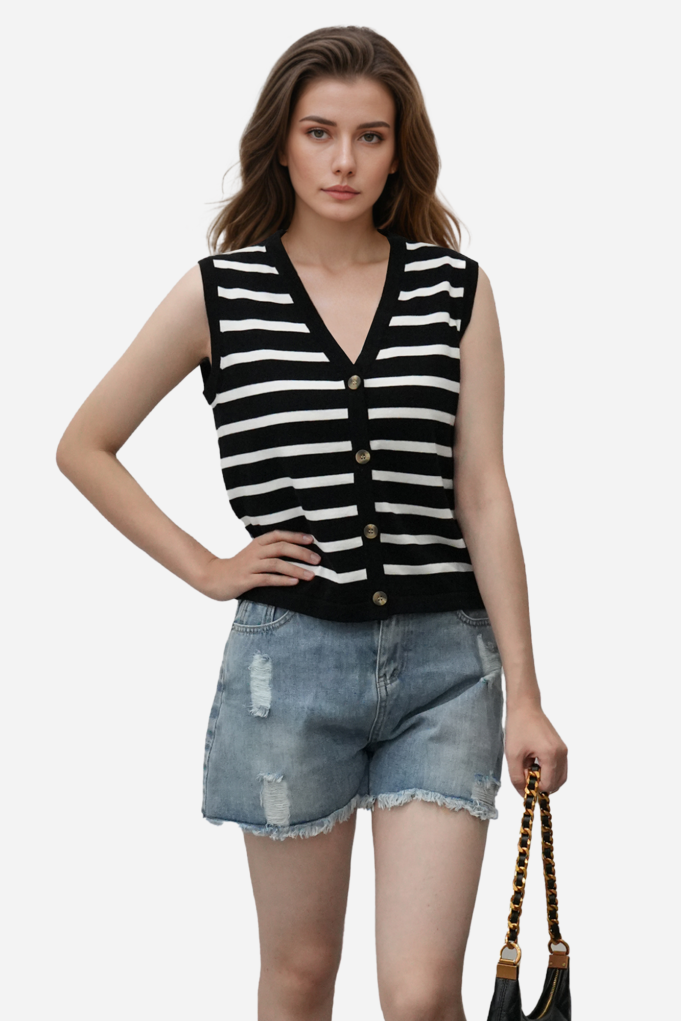 Sleeveless V-Neck Striped Knit Vest with Button Closure