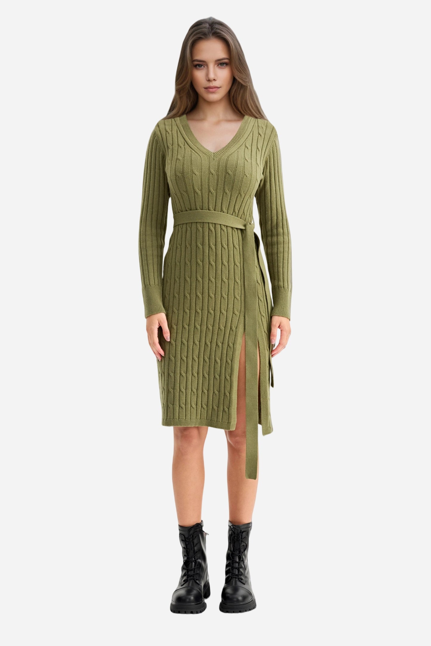 Bodycon Dress Tie Waist Slim Fit Knit Midi Slit Dress