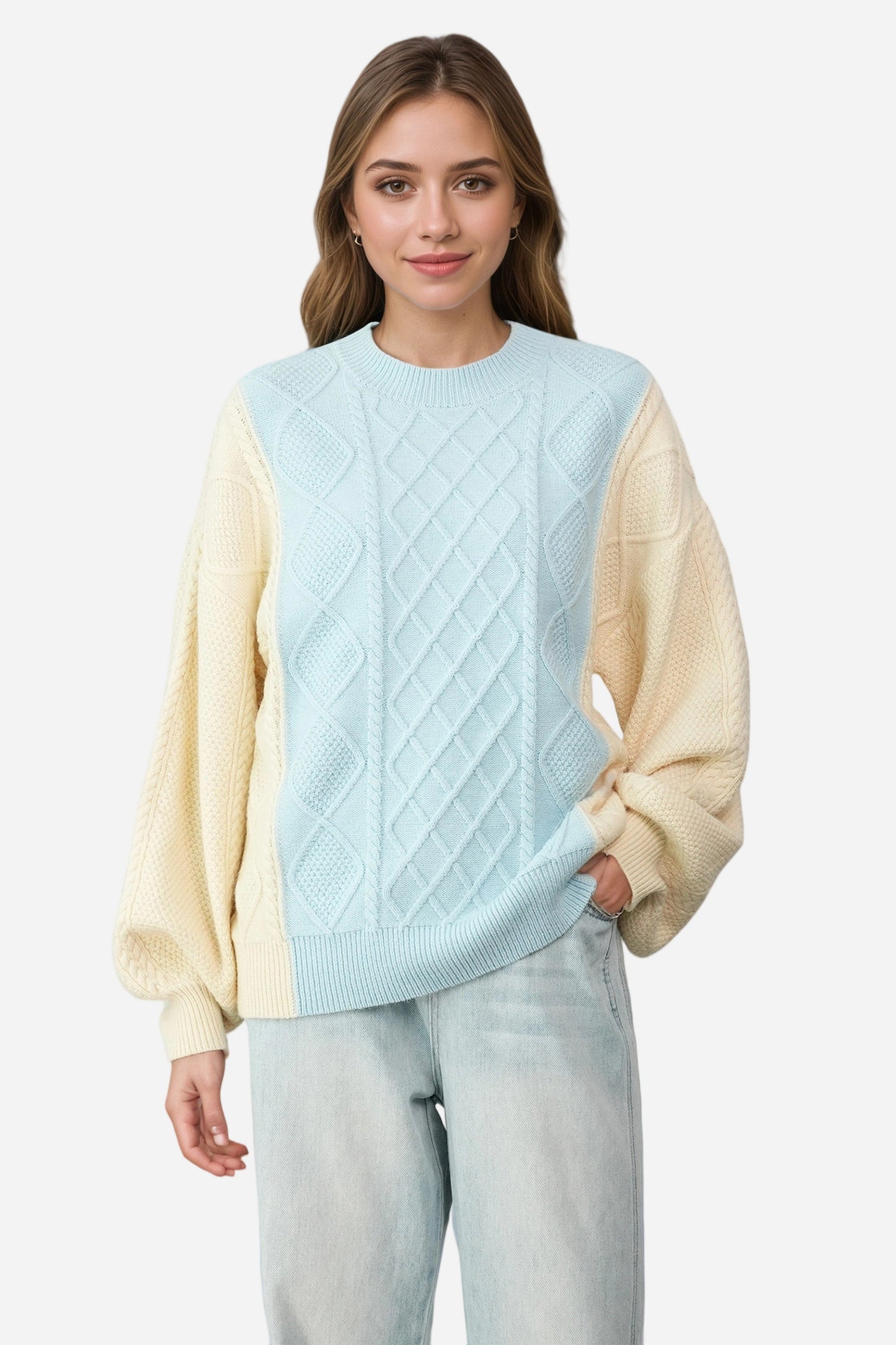 Cable Knit Long Lantern Sleeve Crewneck Sweaters