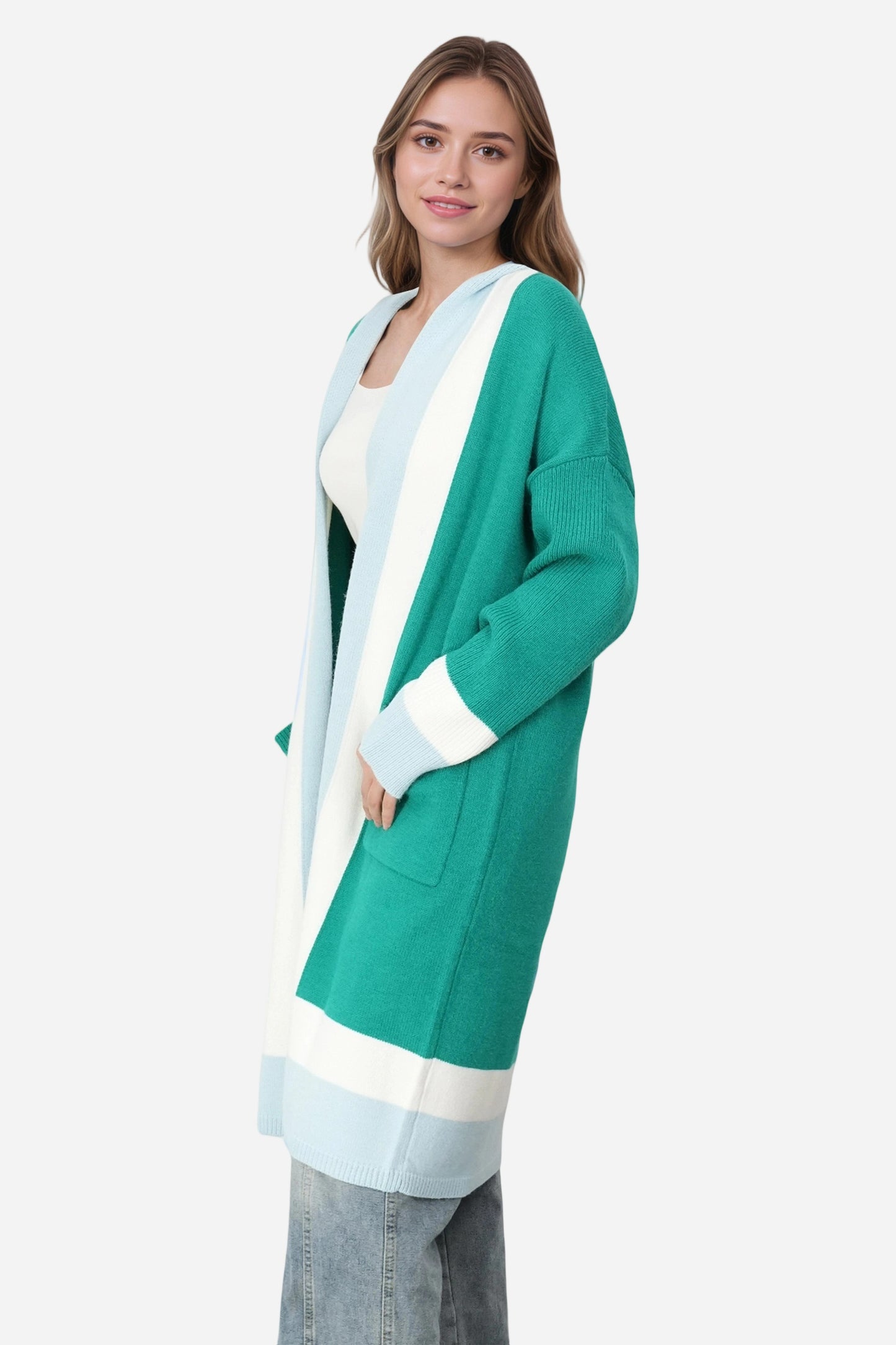 Open Front Color Block Long Cardigan Knit Sweaters