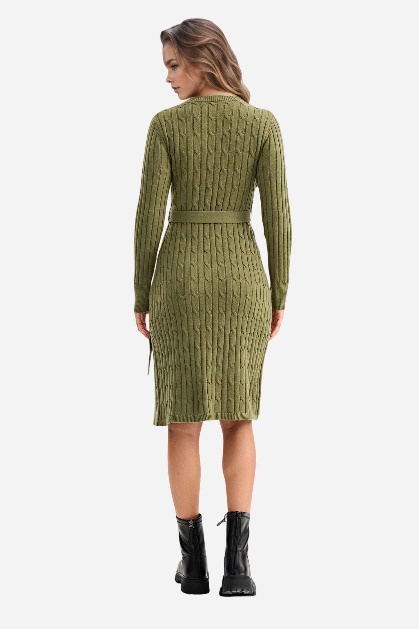 Bodycon Dress Tie Waist Slim Fit Knit Midi Slit Dress