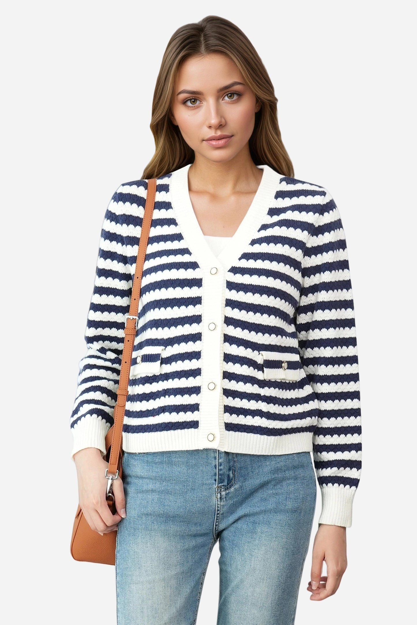 Striped V Neck Button Down Cardigan Sweater