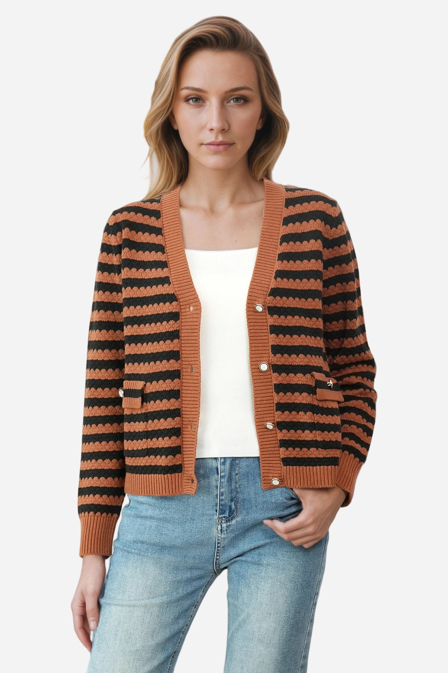 Striped V Neck Button Down Cardigan Sweater