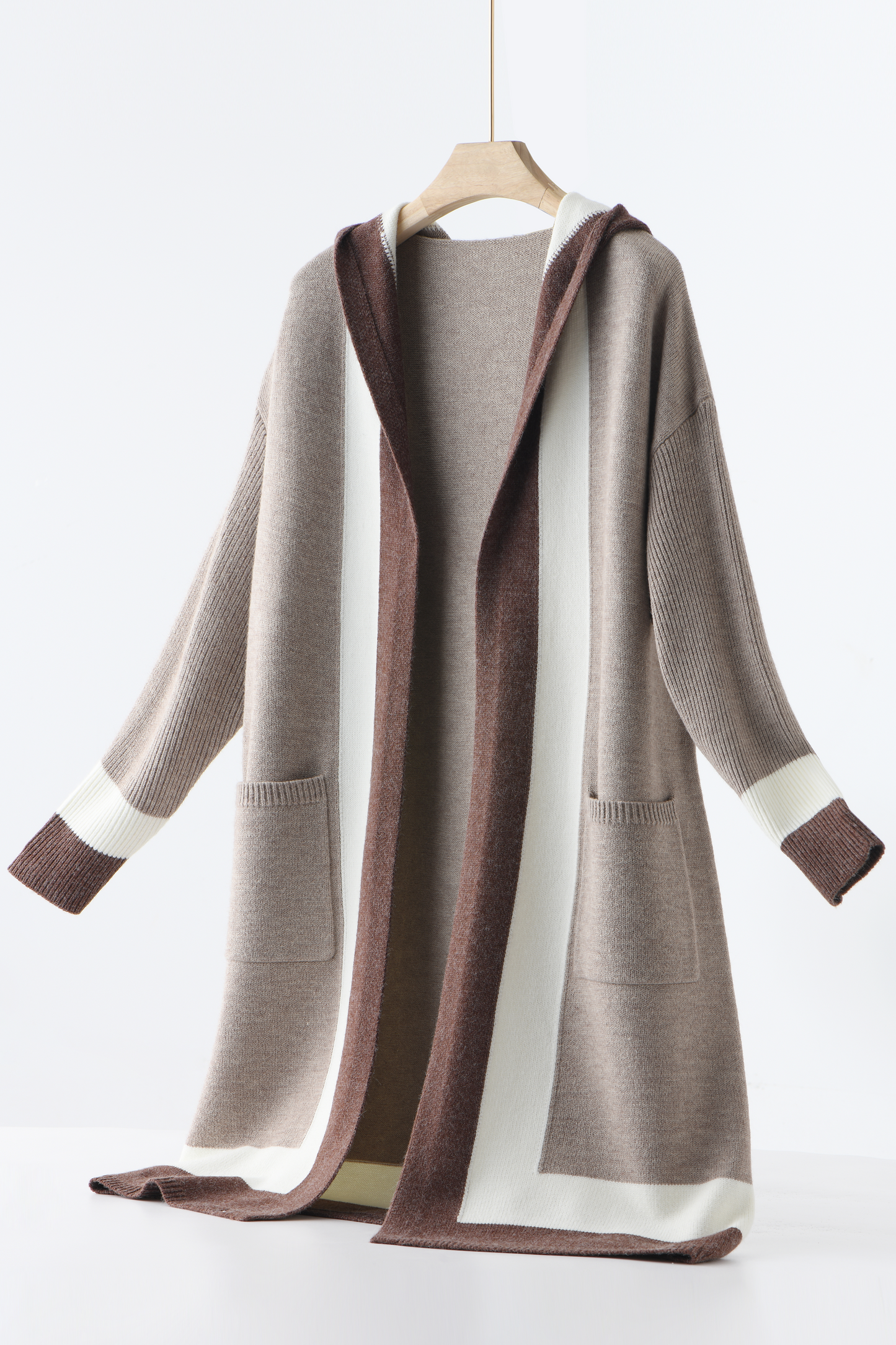 Open Front Color Block Long Cardigan Knit Sweaters