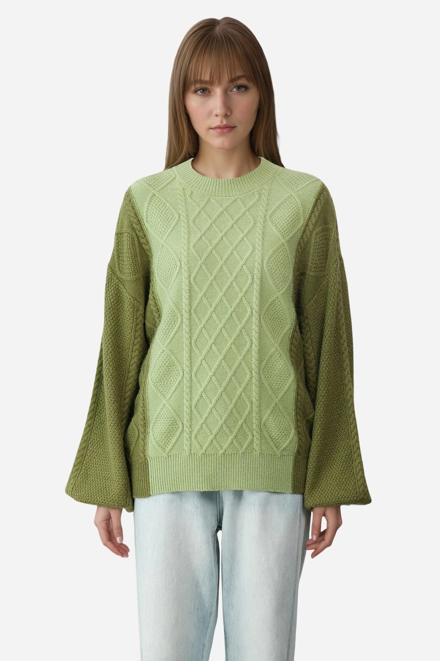 Cable Knit Long Lantern Sleeve Crewneck Sweaters