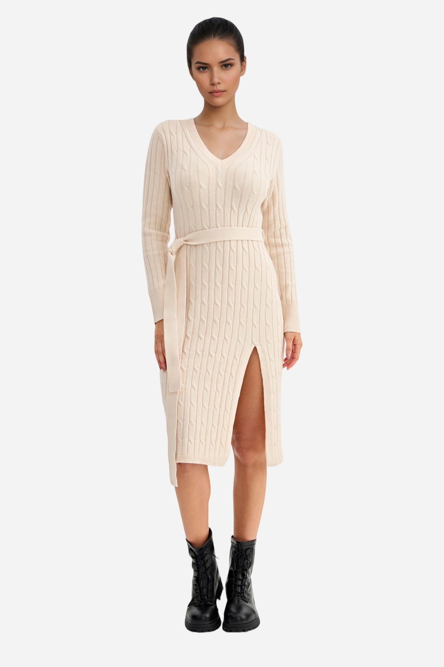 Bodycon Dress Tie Waist Slim Fit Knit Midi Slit Dress
