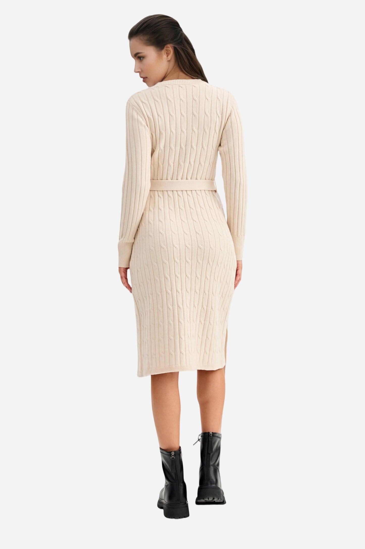 Bodycon Dress Tie Waist Slim Fit Knit Midi Slit Dress