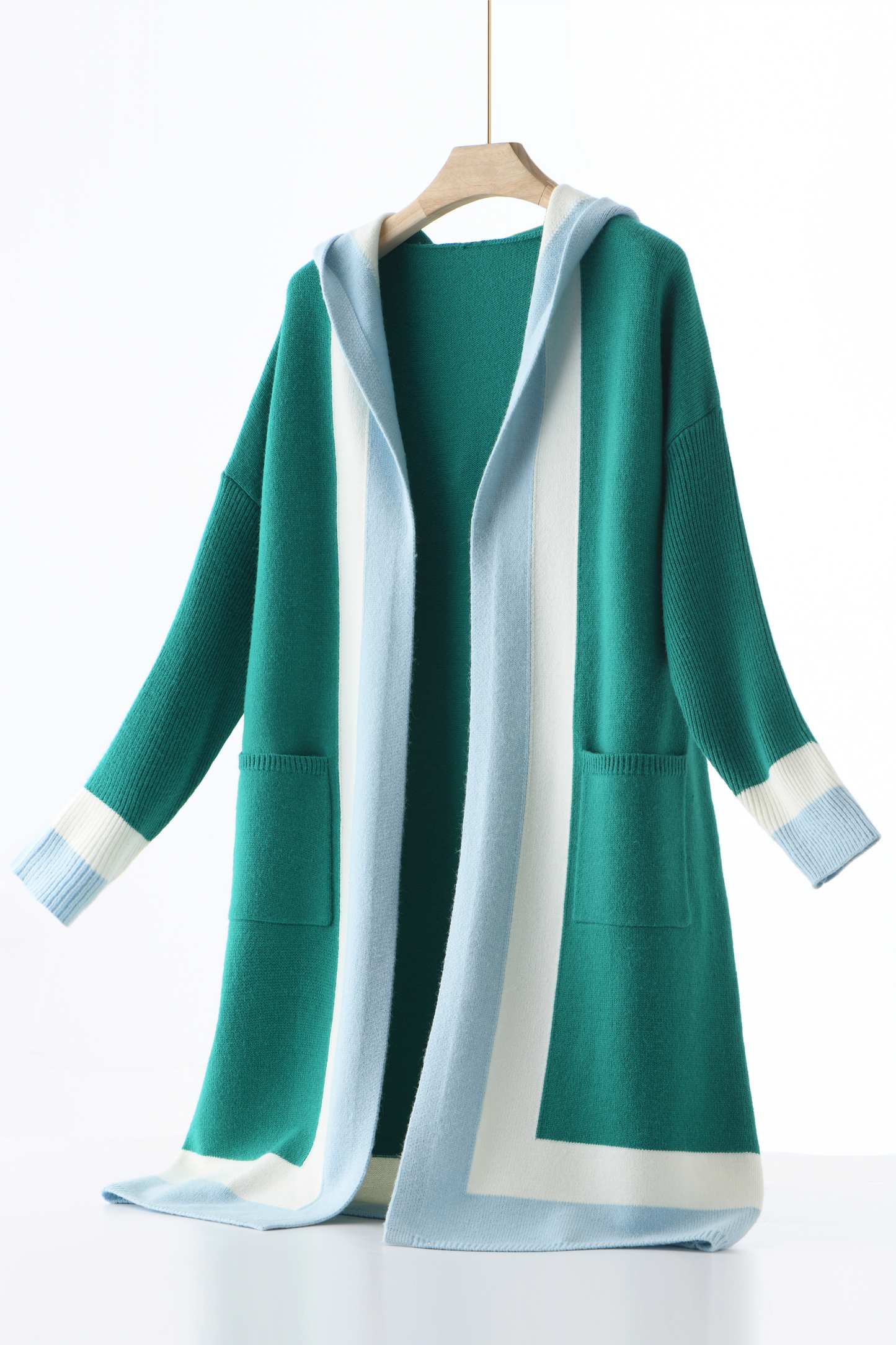 Open Front Color Block Long Cardigan Knit Sweaters