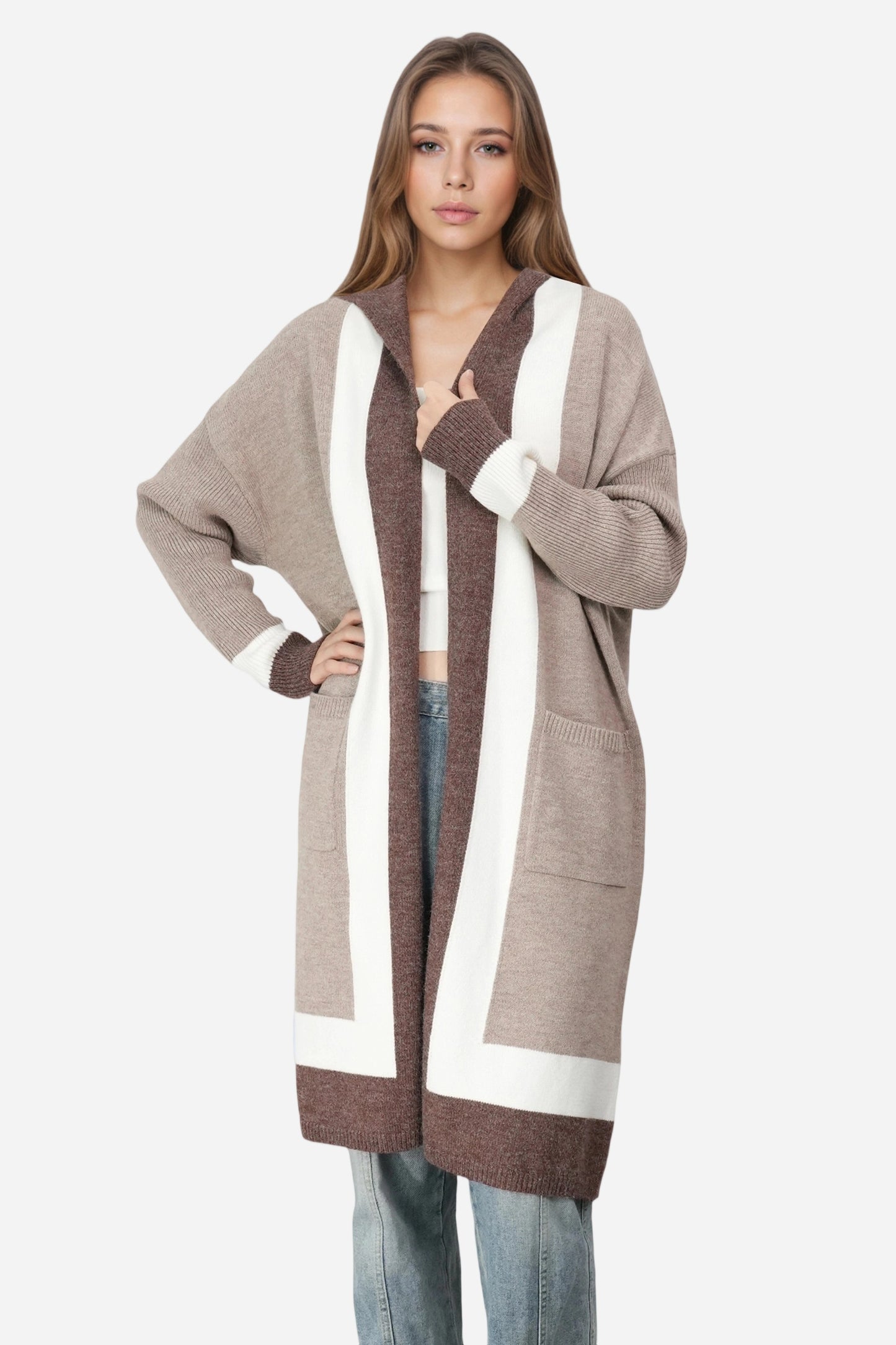Open Front Color Block Long Cardigan Knit Sweaters