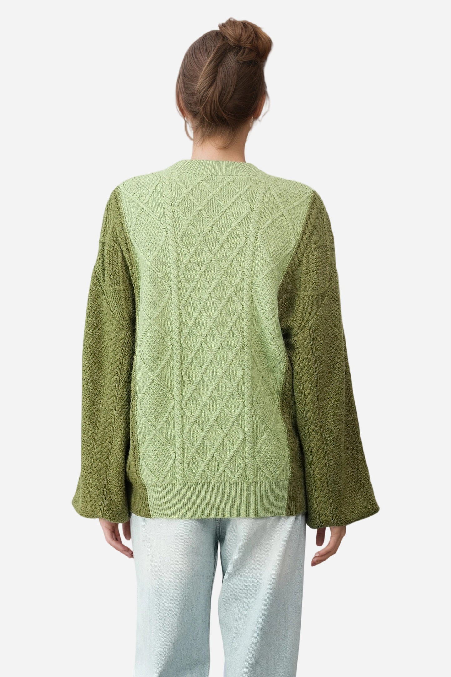 Cable Knit Long Lantern Sleeve Crewneck Sweaters