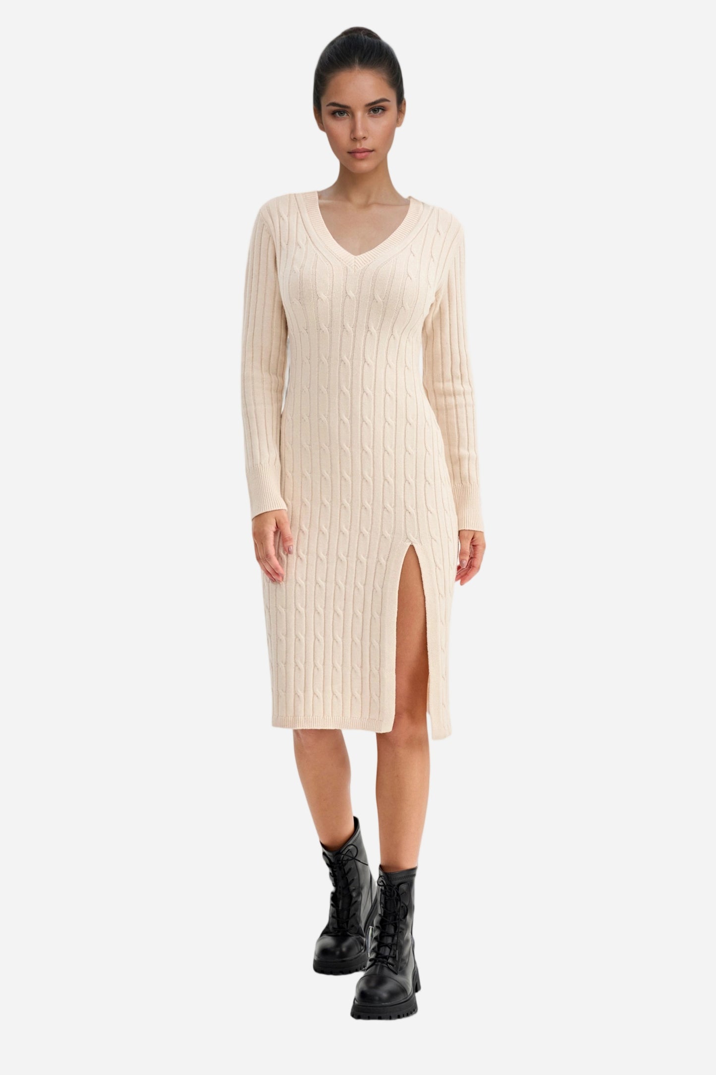 Bodycon Dress Tie Waist Slim Fit Knit Midi Slit Dress